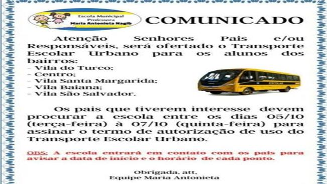 COMUNICADO SOBRE O ÔNIBUS ESCOLAR!